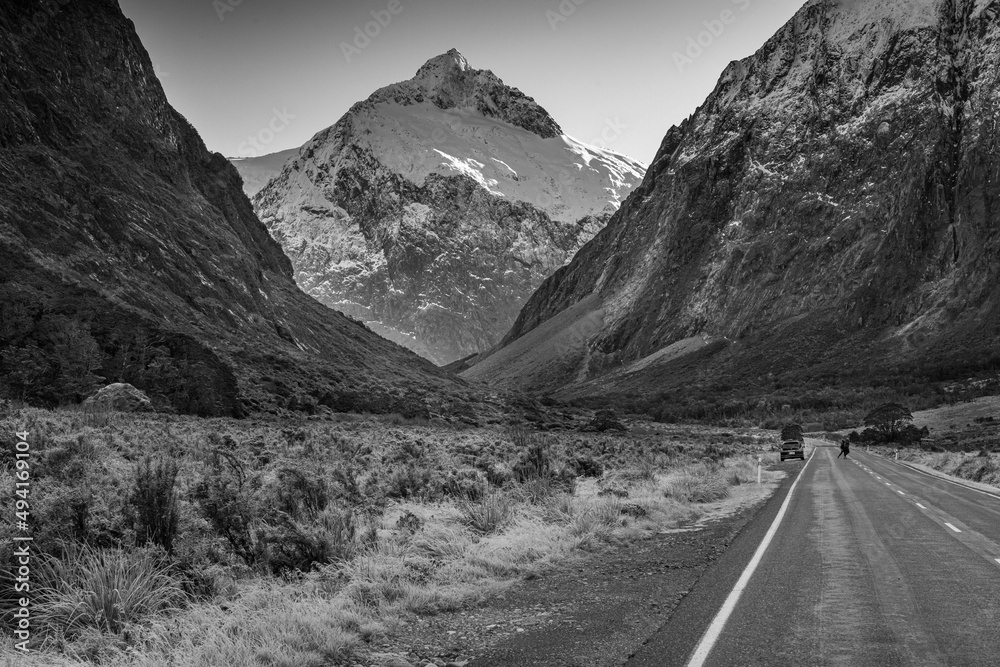 Mount Cook black and white image of Mt Cook and the road into the