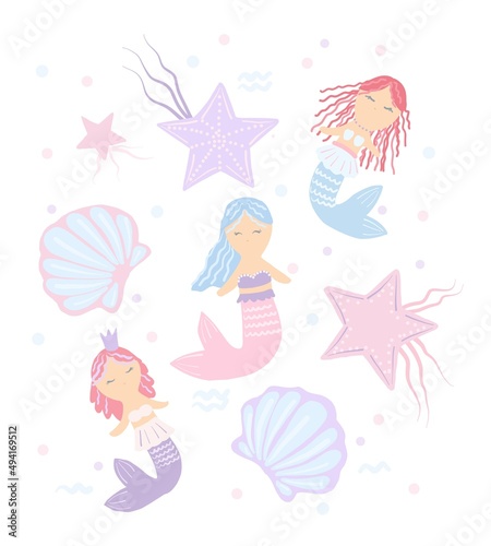 Set with mermaids with colored hair. Marine theme. Sea fairy-tale characters.
