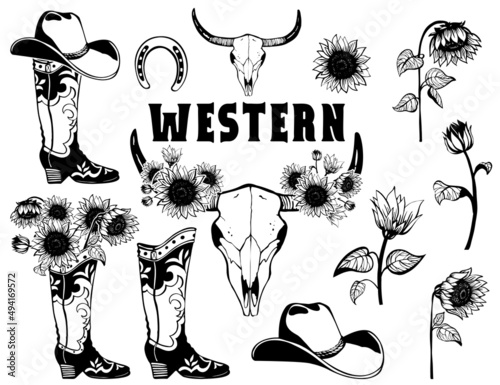 Western set. Cowboy boots, hat, Sunflowers, bull skull