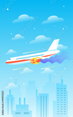 Airplane flying high in the sky with accident, vector illustration