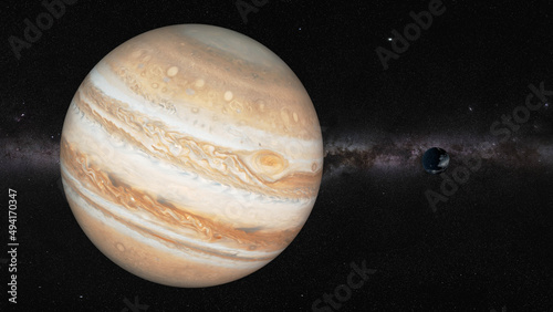 Fototapeta Naklejka Na Ścianę i Meble -  Jupiter planet around the sun realistic 3d illustration. 8k resolution space wallpaper