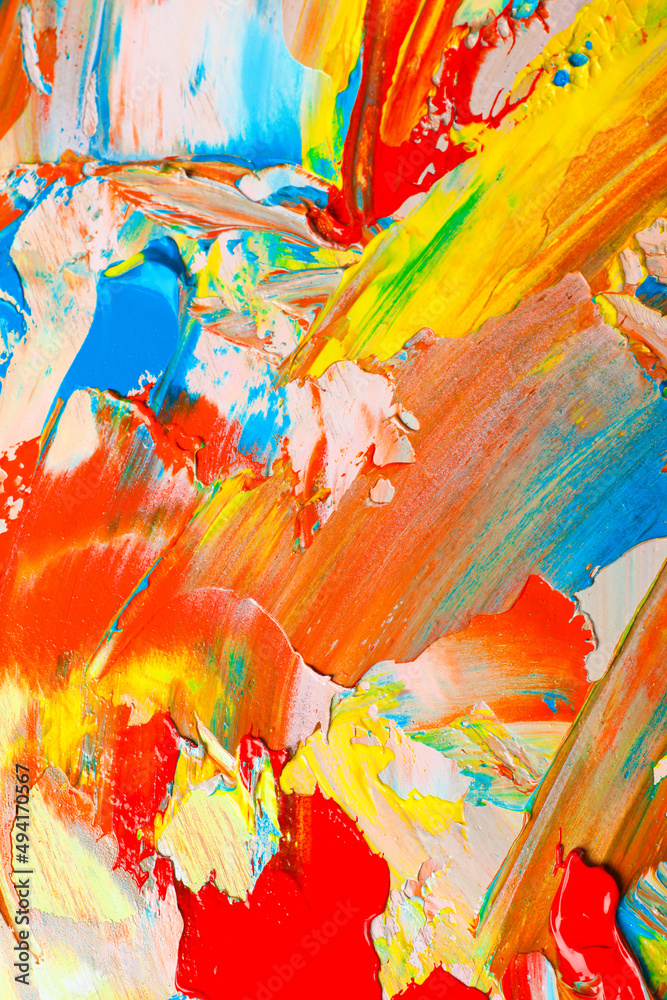 Closeup view of artist's palette with mixed bright paints as background - obrazy, fototapety, plakaty 