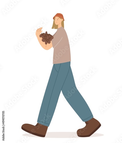 Hiker girl collect dry branches for a fire vector illustration. Girl traveler collect brushwood isolated on a white background
