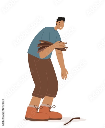 Hiker boy collect dry branches for a fire vector illustration. Boy traveler collect brushwood isolated on a white background