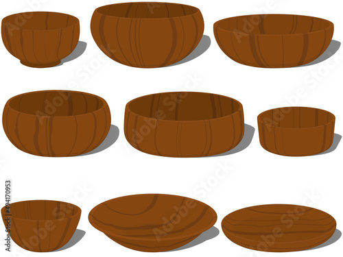 Wooden tableware types bowls and plates collection vector illustration