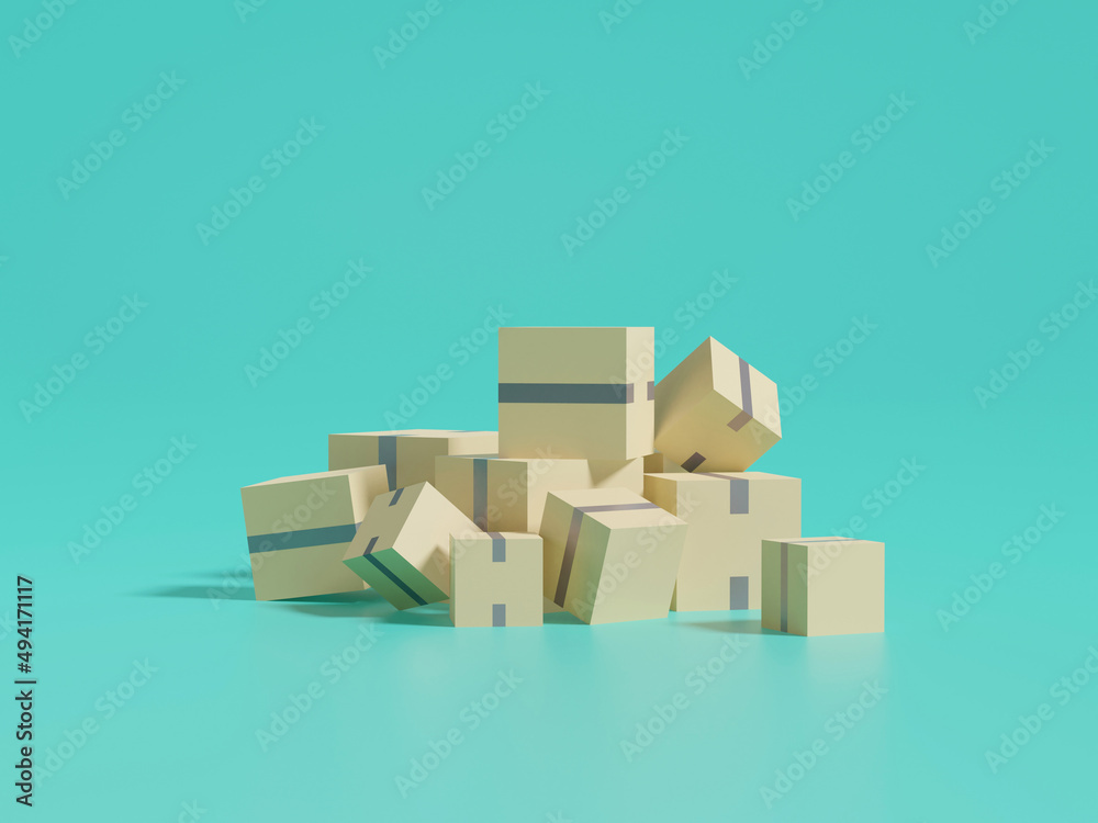3d rendering of online parcel delivery boxes isolated on green background. 3d rendering of online parcel delivery boxes isolated on green background.