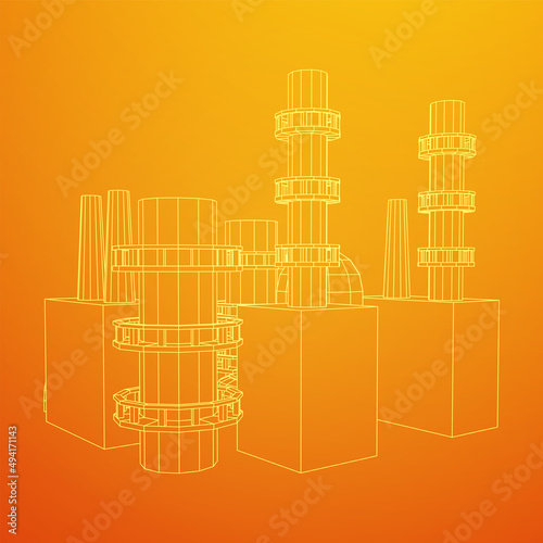 Industrial building factorie facilitie power plant with chimneys. Wireframe low poly mesh vector illustration.