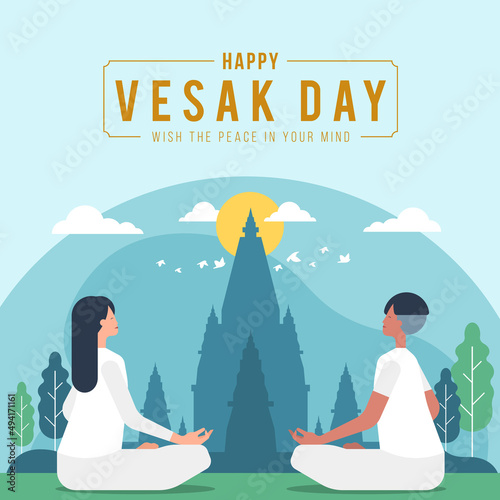 Happy vesak day or buddha purnima - Buddhist man and woman in white meditate near a temple vector design