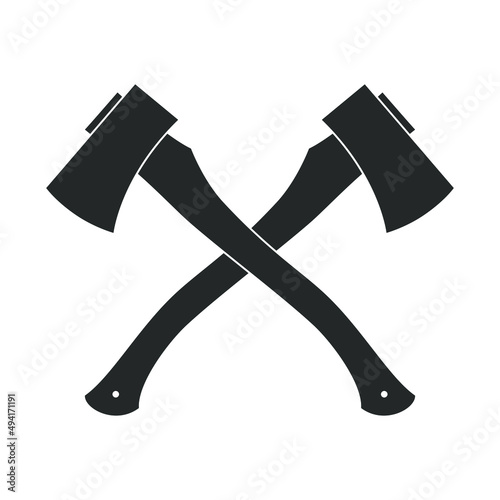 Two axe graphic icon. Symbol working tools lumberjack. Crossed axes sign isolated on white background. Vector illustration