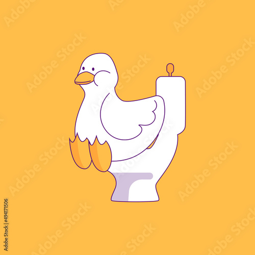 Cheerful duck. Bird poster design with human needs and daily situations. Duck sits on the toilet