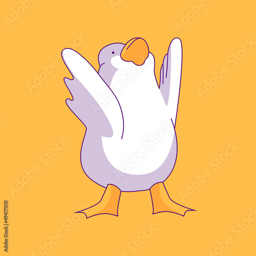 Cheerful duck. Bird poster design with human needs and daily situations. Satisfied duck rejoices in victory or I will win