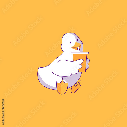 Cheerful duck. Bird poster design with human needs and daily situations. Satisfied duck sits and drinks coffee or tea