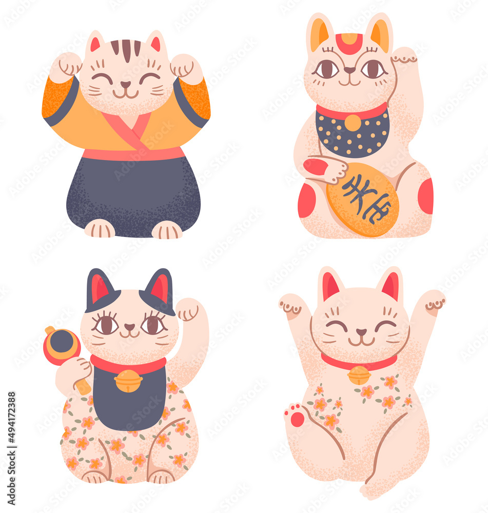 Japanese lucky cats waving with paws. Asian figurine in traditional clothing with greeting gesture. Smiling pet Japanese lucky cats waving with paws. Asian figurine in traditional clothing with greeting gesture. Smiling pet