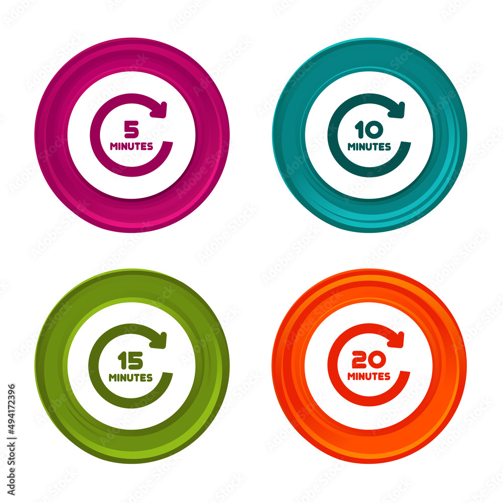 5, 10, 15 and 20 Minutes rotation icons. Timer symbols. Colorful web button with icon. 5, 10, 15 and 20 Minutes rotation icons. Timer symbols. Colorful web button with icon.