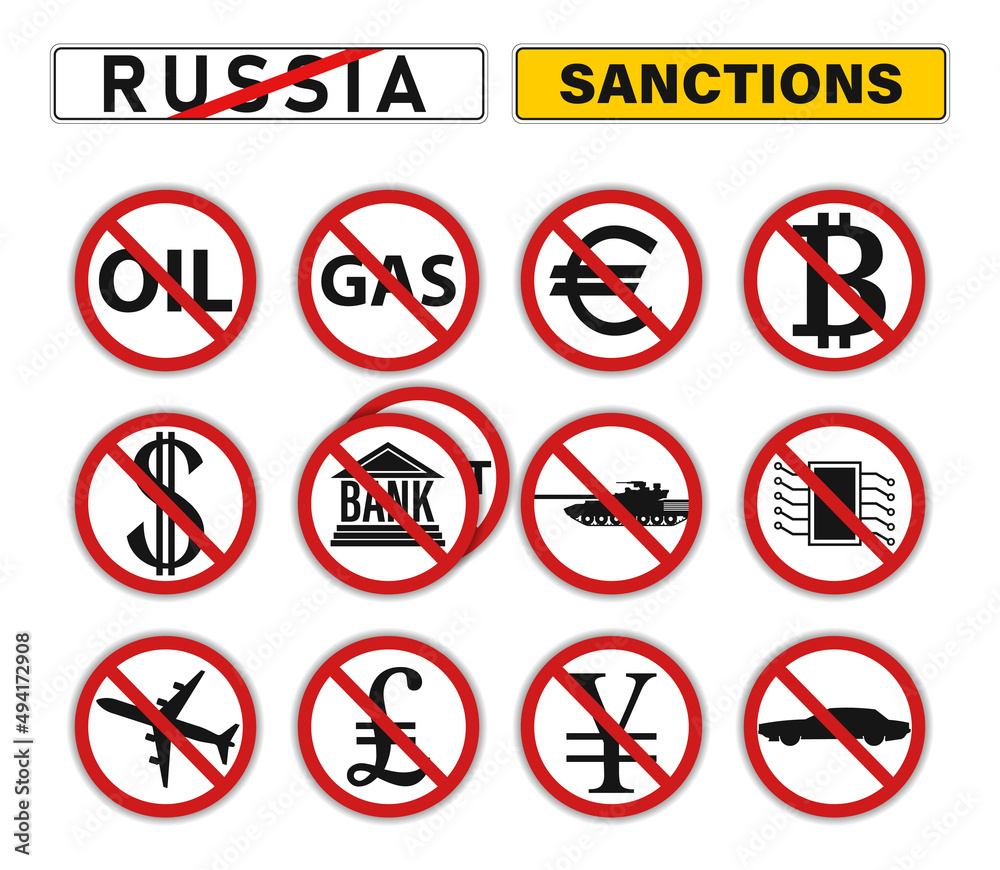 Sanctions for Russia. Vector different round prohibition road signs. Ban on dollar, euro, pound, yen, etc Sanctions for Russia. Vector different round prohibition road signs. Ban on dollar, euro, pound, yen, etc