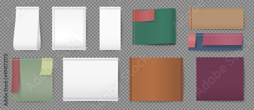 Realistic blank white and colored labels for apparel brand name. Stitched tags for laundry and textile info. Empty cloth label vector set