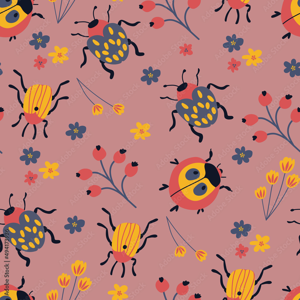 seamless pattern with cute hand-drawn beetles. Design for fabric, textile, wallpaper, packaging.	
