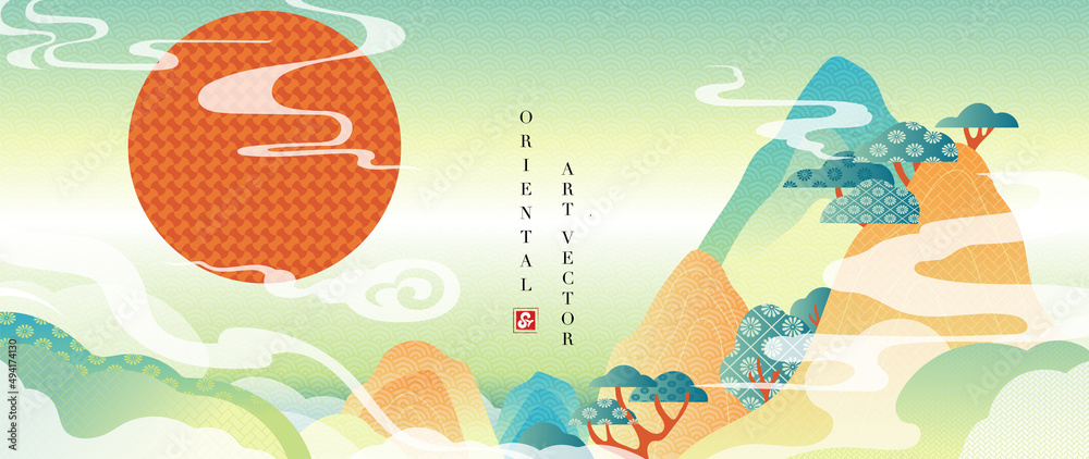 Abstract hill landscape in oriental background. Japanese line art pattern design with mountain, forest, sun, cloud and wave. Chinese design suitable for wallpaper, prints, cover and decoration.