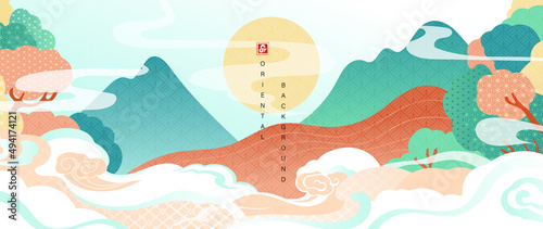 Abstract hill landscape in oriental style background. Japanese line art pattern design with mountain, forest, sun, cloud and wave. Chinese design suitable for wallpaper, prints, cover and decoration.