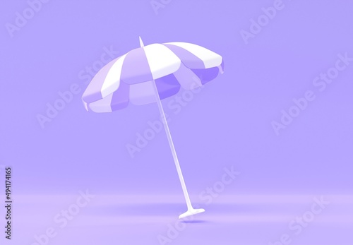 Striped beach umbrella or folding garden parasol. Awning  sunshade  accessory for summer vacation  sun protection outdoor isolated on purple background. Realistic 3d render illustration