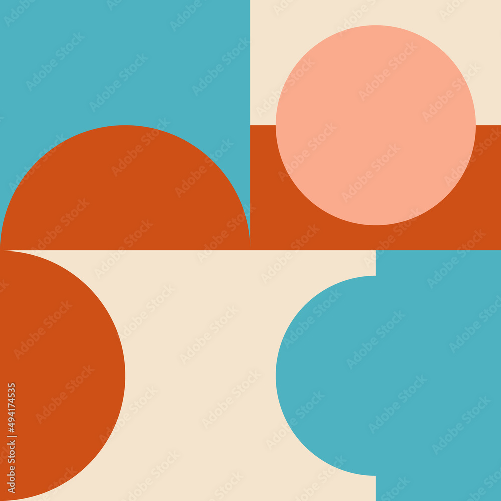 Modern vector abstract geometric seamless pattern with circles, rectangles and squares in retro scandinavian style. Pastel colored simple shapes graphic background. Abstract mosaic artwork. Modern vector abstract geometric seamless pattern with circles, rectangles and squares in retro scandinavian style. Pastel colored simple shapes graphic background. Abstract mosaic artwork.