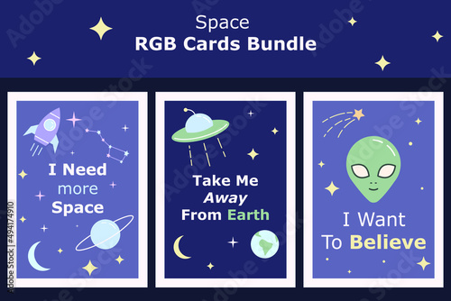 Space cute cartoon postcards templates pack. I need more space, Take me away from Earth, I want tot believe quotes. Childish posters set