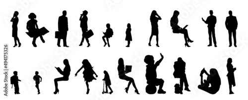 Vector silhouettes, Outline silhouettes of people, Contour drawing, people silhouette, Icon Set Isolated, Silhouette of sitting people, Architectural set	
