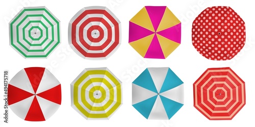 Realistic beach umbrella colorful designs top view. Sun parasols above with dots and stripes. Summer pool umbrellas for shadow vector set