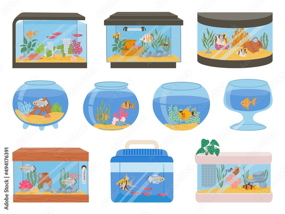 Naklejka premium Cartoon home aquariums with fishes, corals, plants and decor. Aquarium tank with underwater pets and seaweeds. Glass fish bowls vector set
