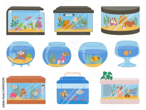 Cartoon home aquariums with fishes, corals, plants and decor. Aquarium tank with underwater pets and seaweeds. Glass fish bowls vector set photo