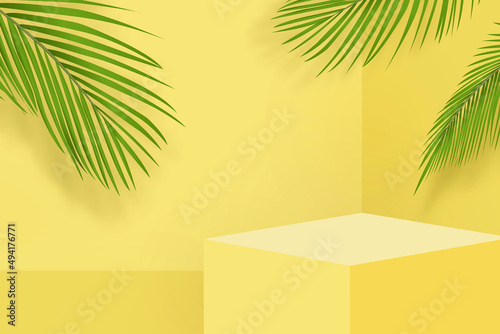 Fototapeta Naklejka Na Ścianę i Meble -  Stage podium mockup on summer yellow background for product display, vector illustration