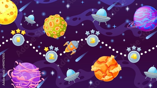 Cartoon space game level map with planets and rocket. Cosmic ui screen for computer arcade with spaceship, stars galaxy and ufo vector scene