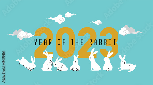 Happy Chinese new year 2023, the year of the rabbit zodiac. Little bunny greeting card, poster, banner, brochure, calendar.  (Translation : Happy new year, Year of rabbit)