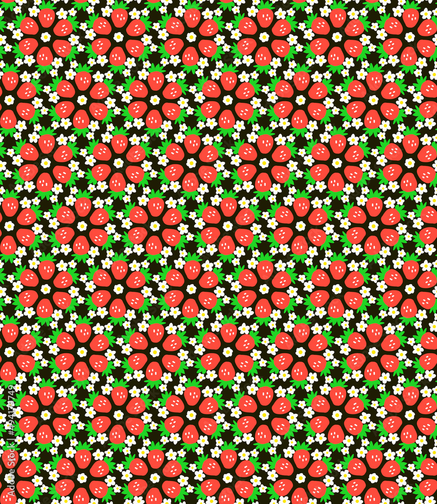 Bright summer botanical seamless pattern with red strawberries and small white flowers on a black background