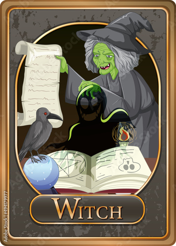 Old green witch character game card template