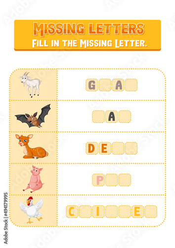 Fill the missing letter of each word worksheet for children