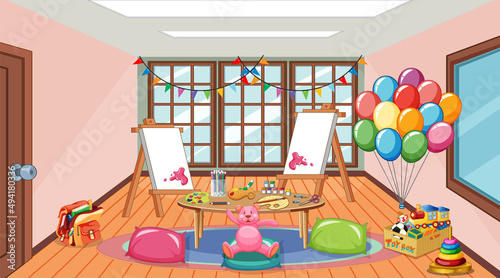 Empty kindergarten classroom interior with many kid toys