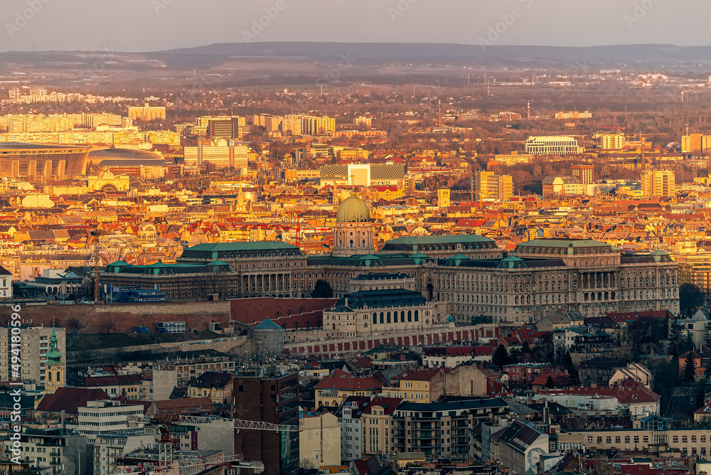 Budapest sunset cityscape with buda Royal castle in the middle