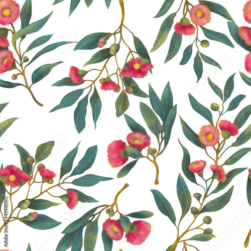 Seamless Repeat Pattern Hand Painted Watercolor Flowering Gum Eucalyptus Floral Leaves photo