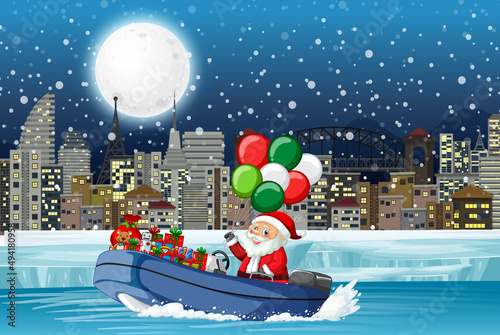 Snowy night with cute elf delivering gifts by speedboat