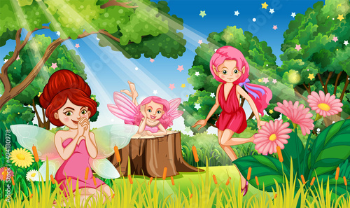 Fantastic forest scene with beautiful fairies
