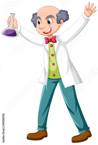 A chemist holding beaker on white background