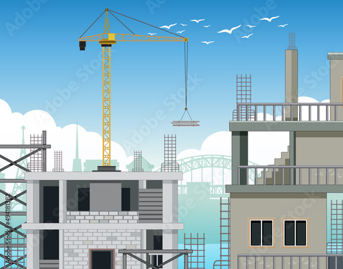 Cartoon scene of building construction site