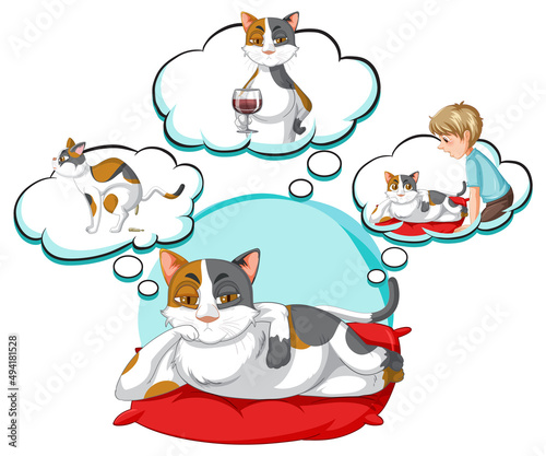 A cat thinking with callouts