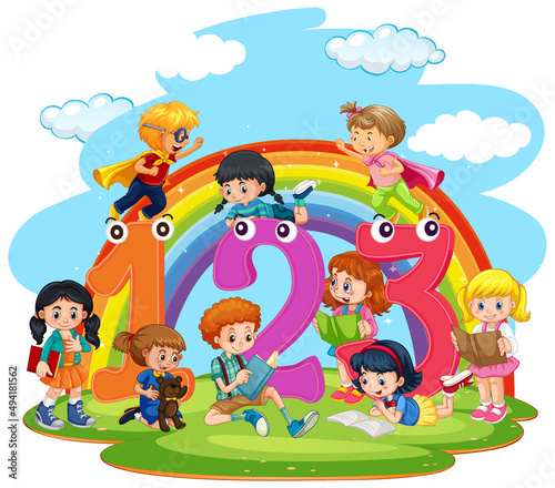 A children are playing and reading books in scene with Number on white backgr...