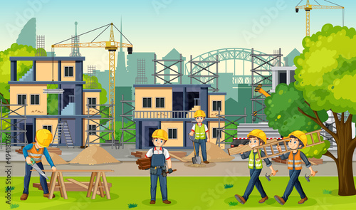 Building construction site with workers