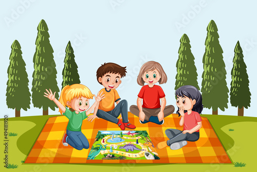 A natural scene landscape with children playing boardgame
