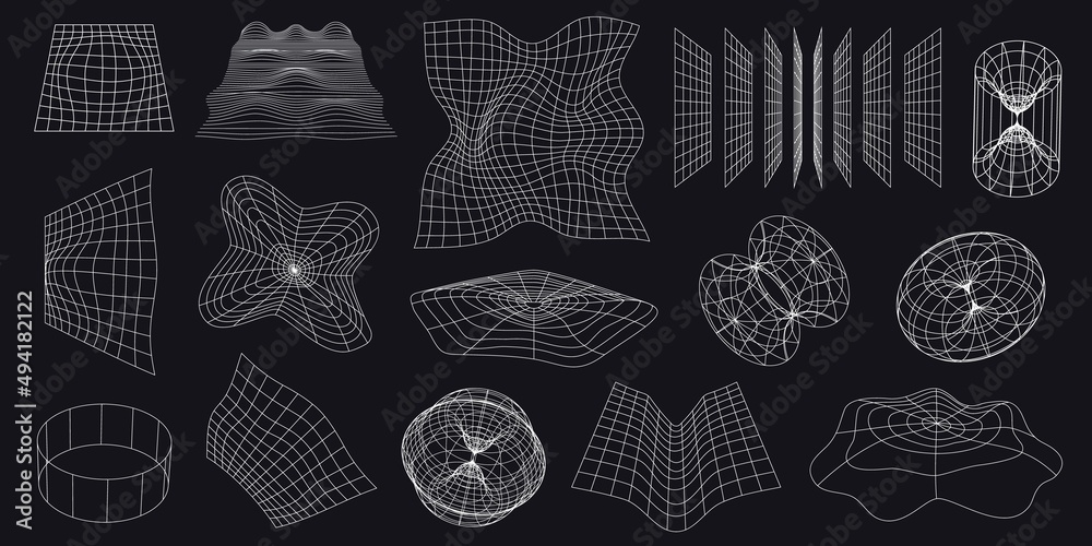 Cyber neo futuristic grids, 3d mesh objects and shapes. Wireframe wavy geometric perspective plane. 80s cyberpunk line elements vector set - obrazy, fototapety, plakaty 