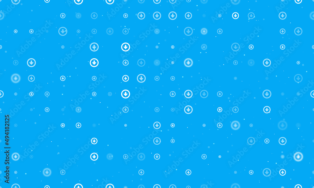 Seamless background pattern of evenly spaced white download symbols of different sizes and opacity. Vector illustration on light blue background with stars