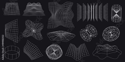 Cyber neo futuristic grids, 3d mesh objects and shapes. Wireframe wavy geometric perspective plane. 80s cyberpunk line elements vector set photo